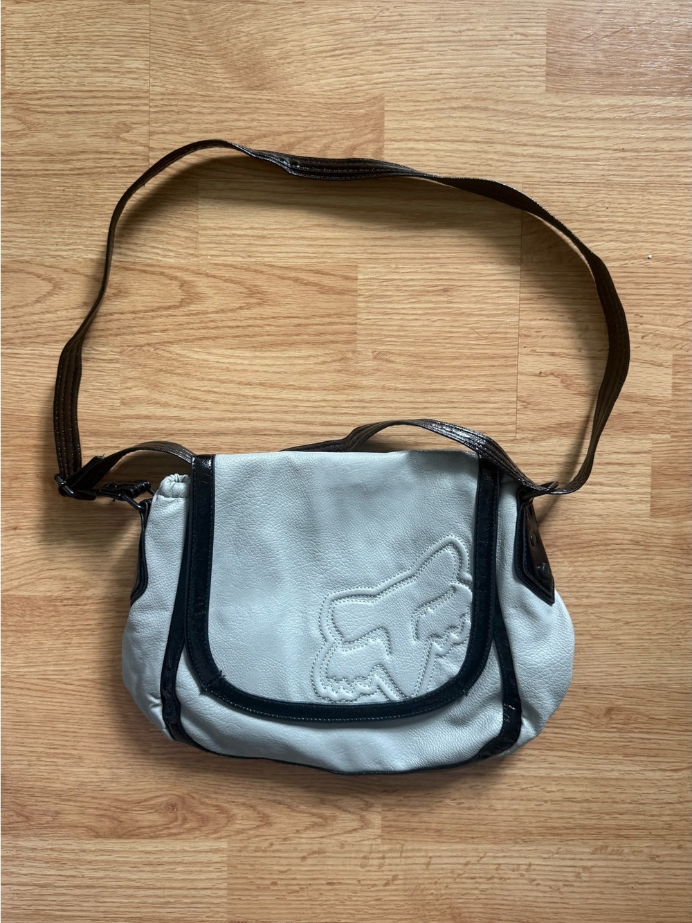 Vintage Fox Racing "Ride On!" Crossbody Bag Gray Black Patent Leather Trim Y2K